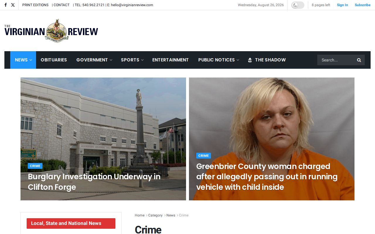 Highland County regional crime news archive from the Virginian Review