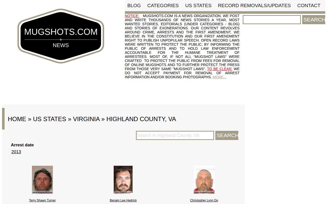 Highland County secondary mugshot-source interface, shown as an unofficial stale resource