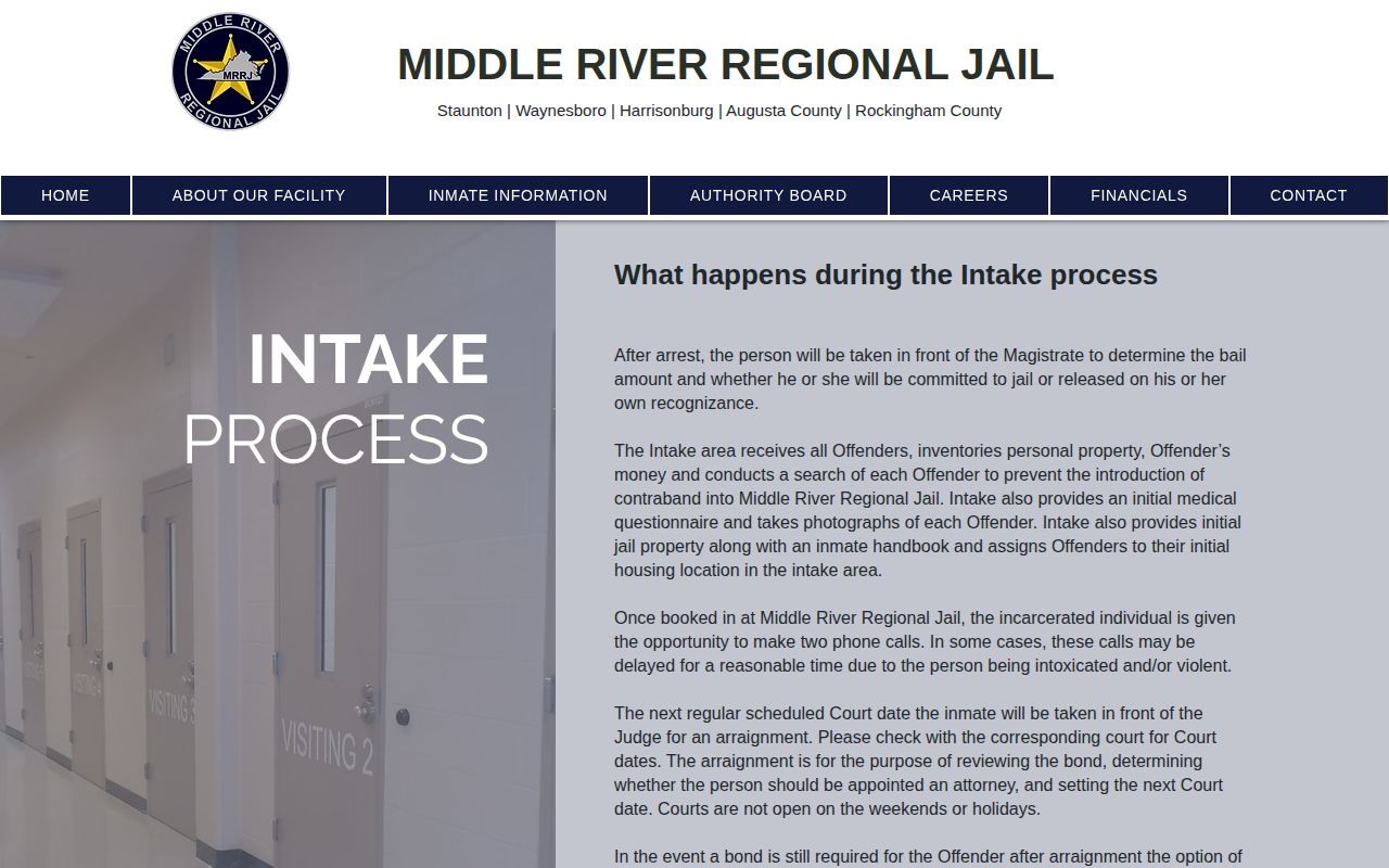 Middle River Regional Jail Highland County booking-record intake information