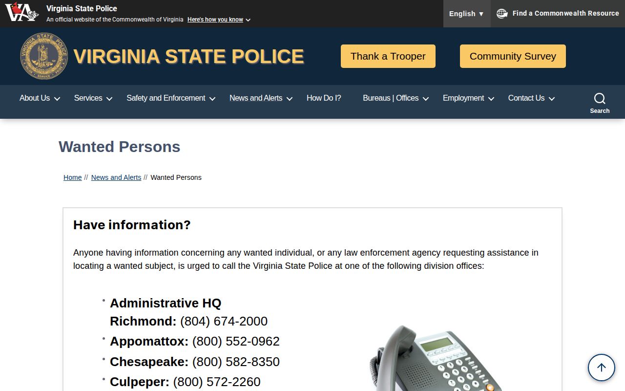 Highland County wanted-person resource at the Virginia State Police official page