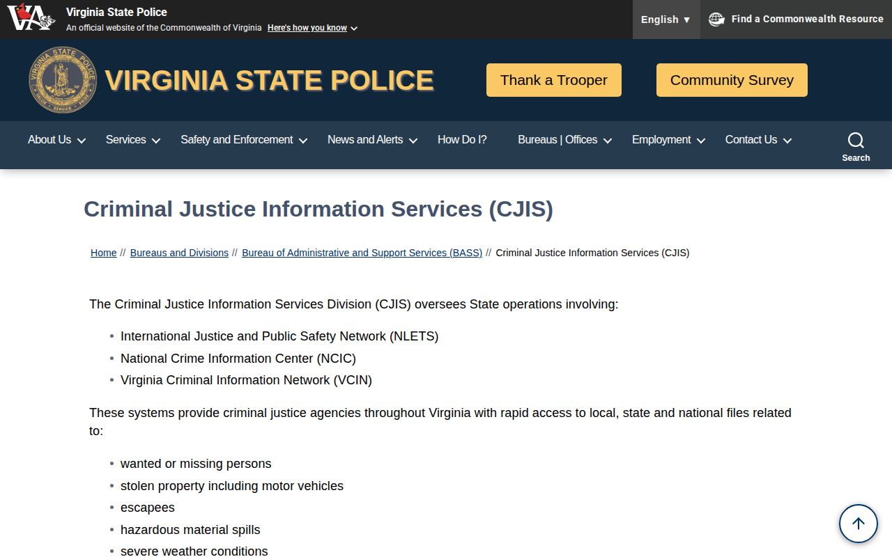 Highland County warrant-information context from Virginia State Police CJIS